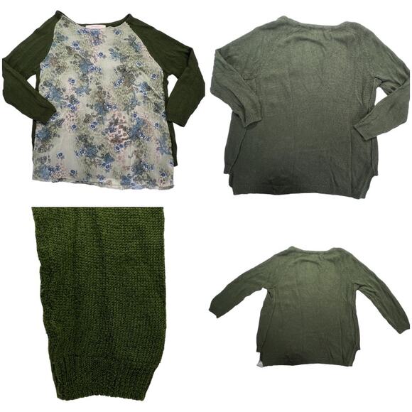 Zara Knit Floral Chiffon Sweater Tunic High Low Split Hem Long Sleeves Green - Picture 4 of 12